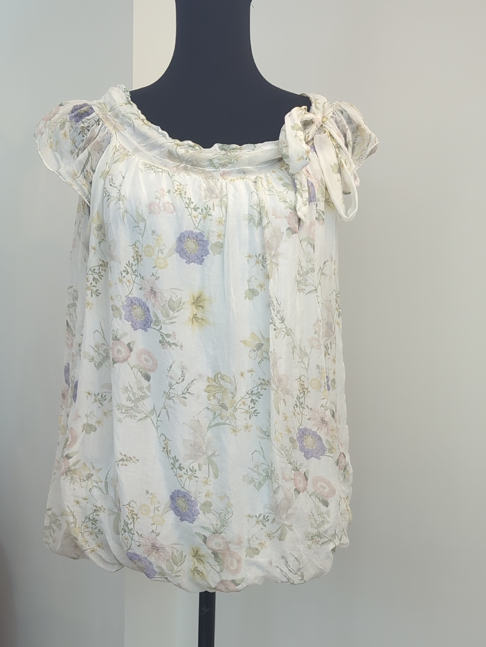 Sheer Cream Floral Tie-Shoulder Blouse